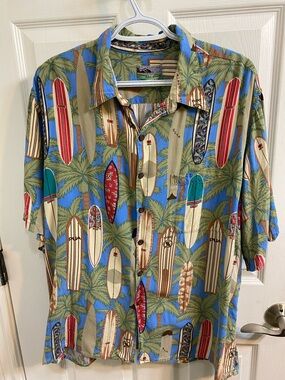 Reyn Spooner Mens XL Hawaiian Surfboard Spun Rayon Camp Shirt XL Button Up Blue